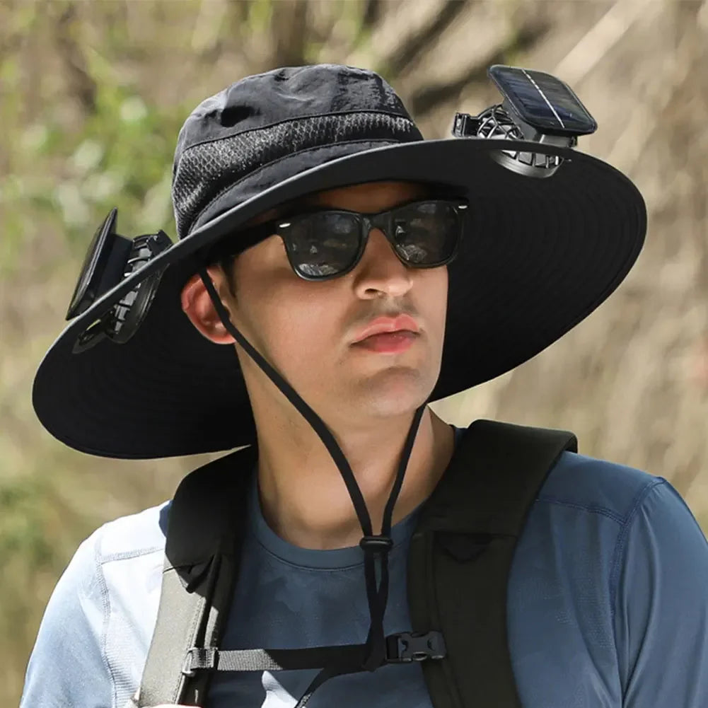 Solar Powered UV Protection Hat – Fan Cooling Wide Brim Cap - Evallys.com