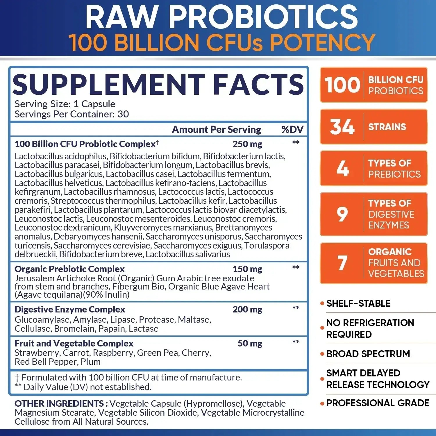 100 Billion CFU Probiotic Supplement with Prebiotics & Enzymes – 30 Caps