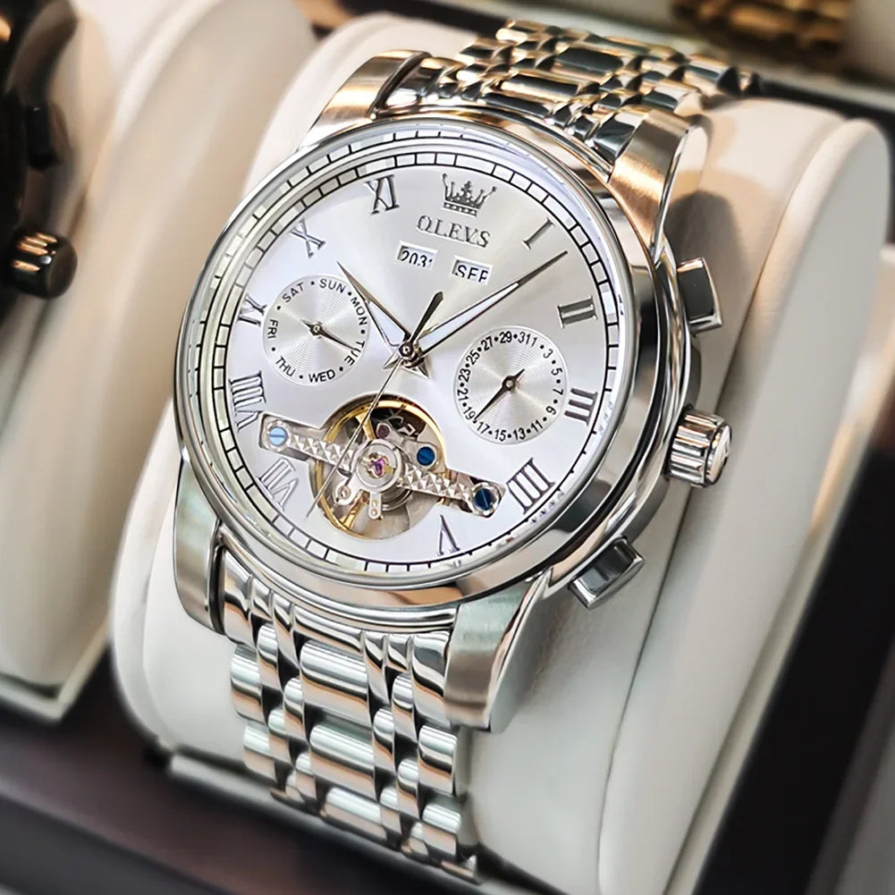 OLEVS Men's Watches Automatic Mechanical Business Wristwatch Waterproof Stainless Steel Strap Watch for Man Skeleton Calendar - Evallys.com