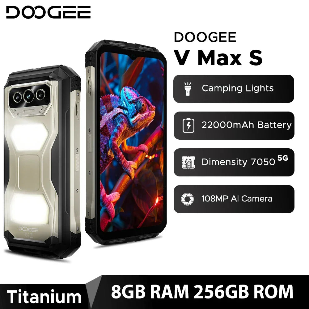 World Premiere DOOGEE V Max S 5G Rugged Phone Dual Camping Lights 22000mAh Battery 24GB(8+16) 256GB 108MP AI Camera Smartphone - Evallys.com