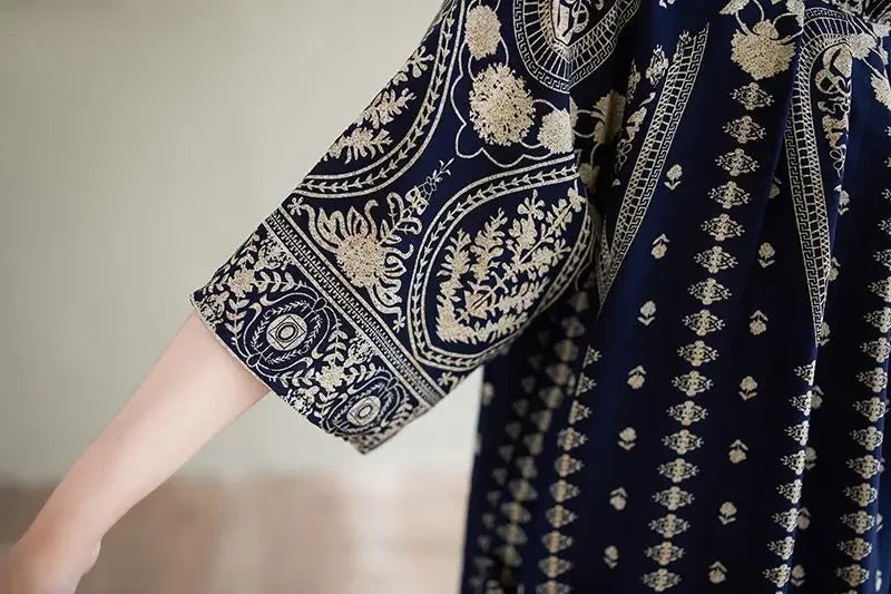 Summer Ethnic Print Dress with Pockets – Loose Mid-Calf Casual Wear - Evallys.com