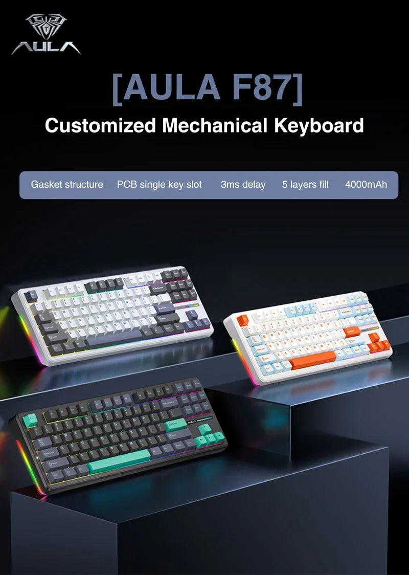 AULA F87 Pro Mechanical Keyboard 3 Mode 2.4G/USB/Bluetooth Tri Mode Wireless Gaming Keyboard 87 Key Hotswap RGB Gasket Keyboard - Evallys.com