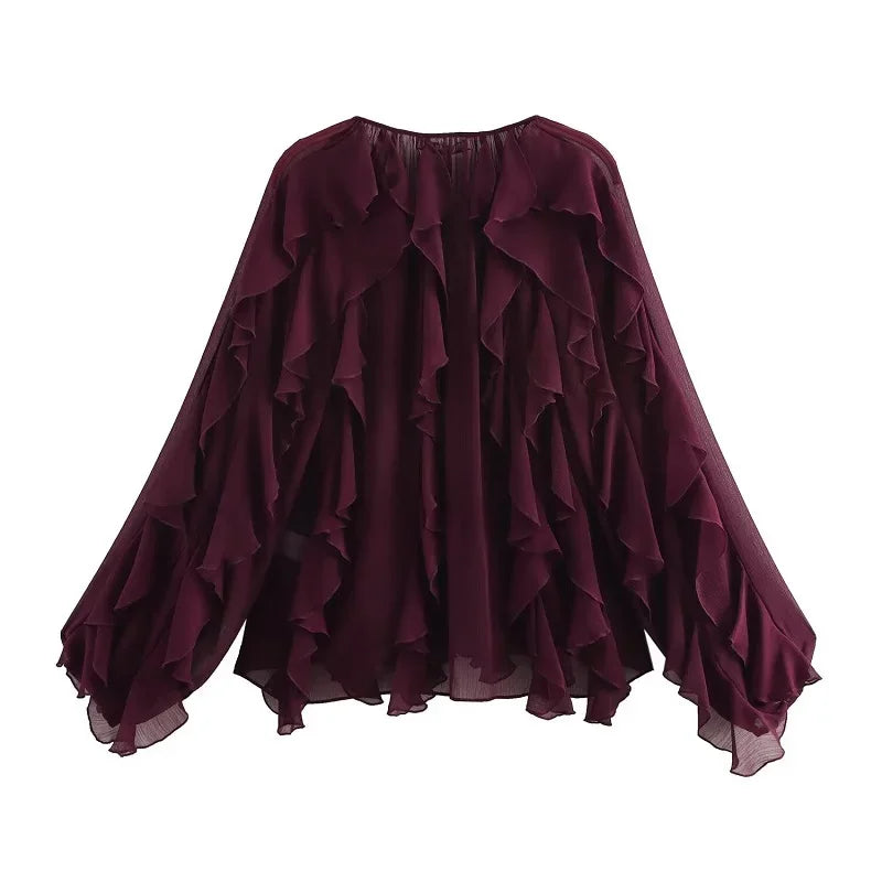 MUJER Ruffle Blouse – Semi Sheer Chiffon Fairy Shirt for Women 2025 - Evallys.com