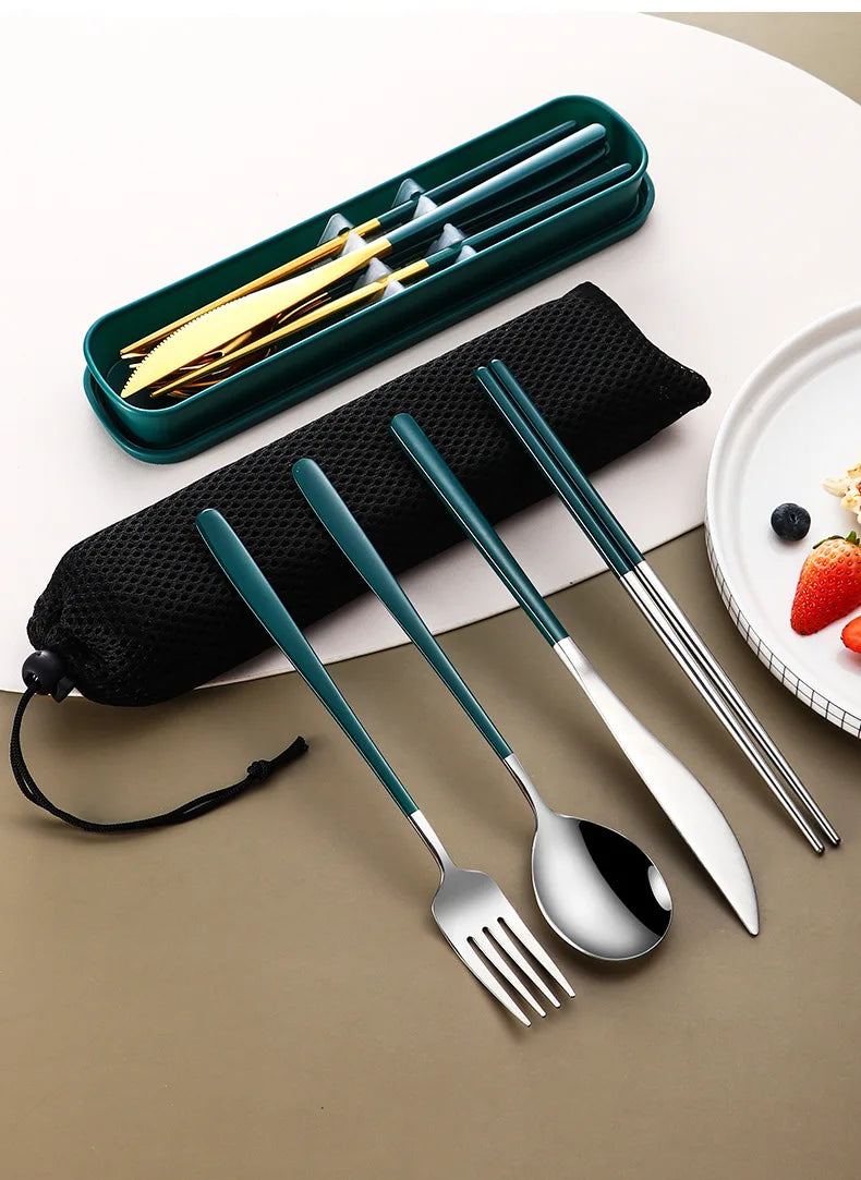 Portable Cutlery Set for Camping & Travel 4pcs Stainless Steel Knife, Fork, Spoon Kit with Storage Box