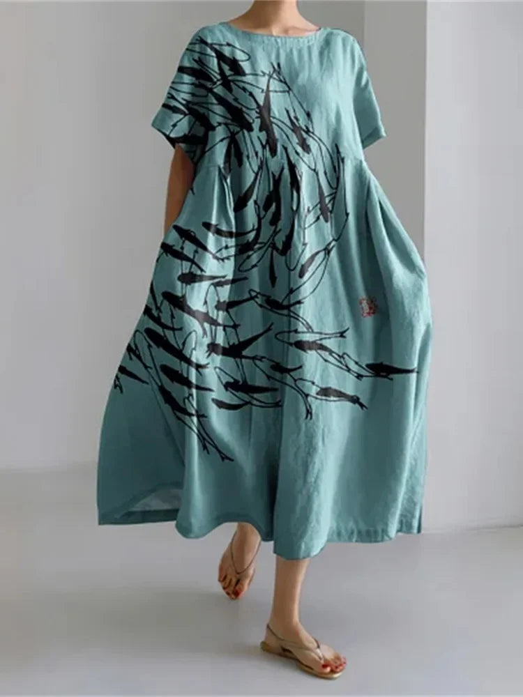 Elegant 3D Printed Women’s Ankle-Length Crewneck Casual Dress - Evallys.com