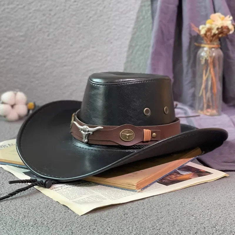 Faux Leather Cowboy Hat – Vintage Unisex Western Jazz Dress Cap - Evallys.com