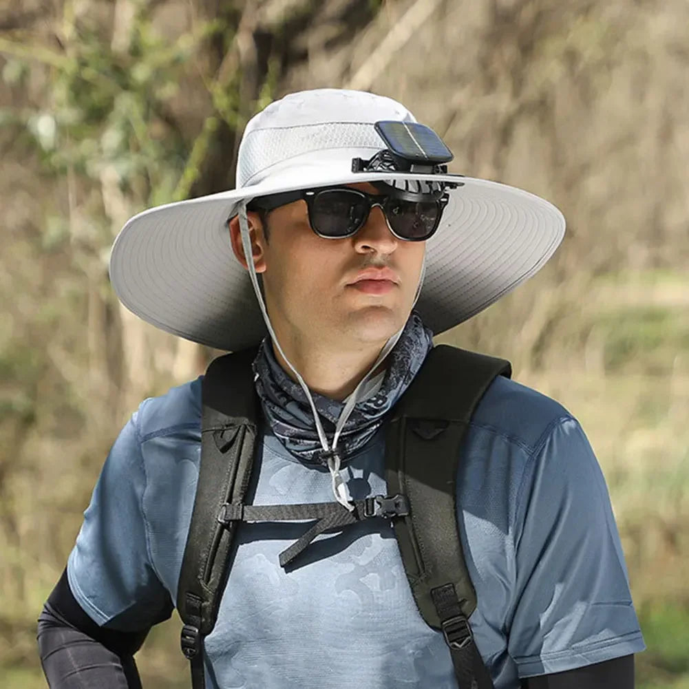 Solar Powered UV Protection Hat – Fan Cooling Wide Brim Cap - Evallys.com