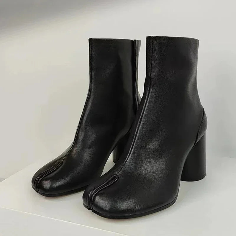 2024 Autumn Winter Soft Leather Split toe Tabi Women Ankle Boots Fashion Thick High heels Chunky Shoes Ins Style Short Booties - Evallys.com