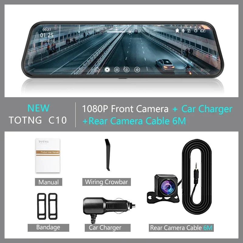 10 Inch Mirror Camera for Car Touch Screen Video Recorder Rearview Mirror Dash Cam Front and Rear Camera Mirror DVR Black Box - Evallys.com