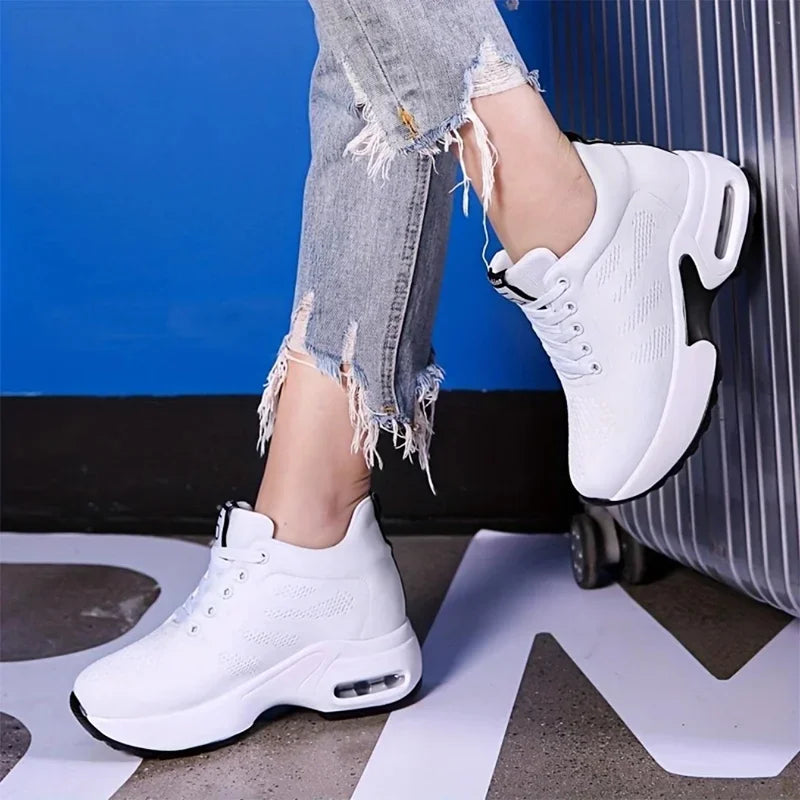 Women Sport Shoes Air Cushion Running Sneaker Comfortable Mesh Shoes Lace Up Breathable White Walking Shoes - Evallys.com