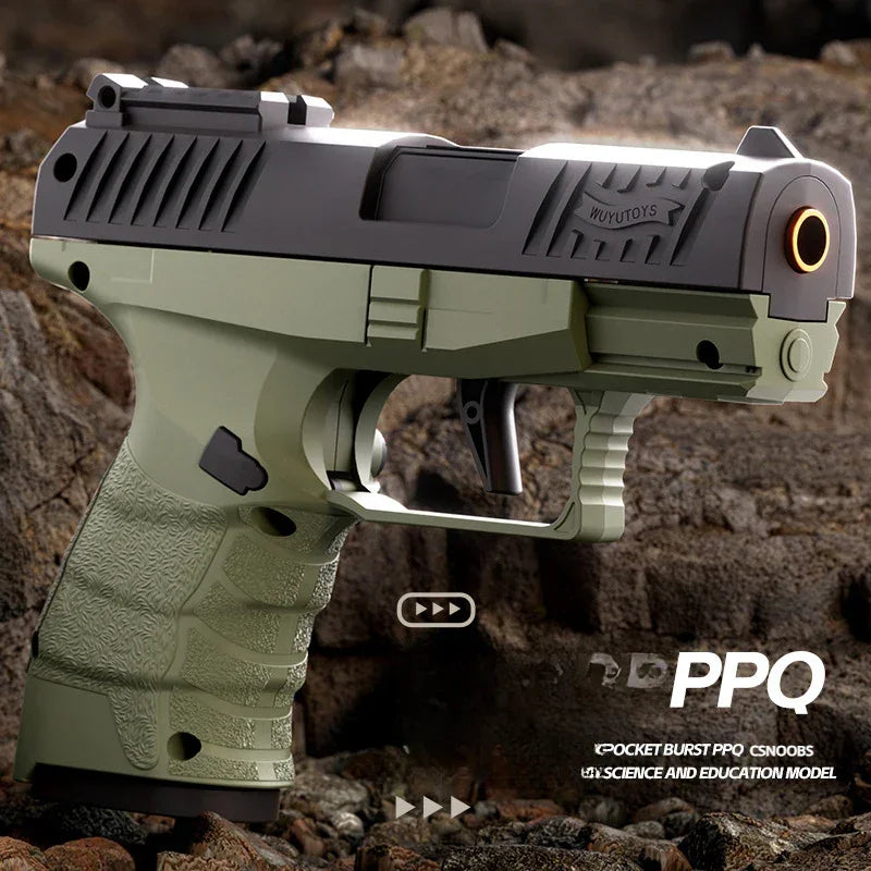Small Black Toy Gun Mini PPQ Continuous Firing Shell Throwing Gun Model Soft Bullet Launcher BlowBack Airsoft Pistol for Kids - Evallys.com