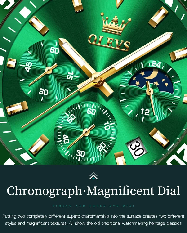 OLEVS Men's Watches Top Brand Luxury Watch for Men Original Waterproof Stainless Steel Chronograph Moon Phase Date Rota Dial - Evallys.com