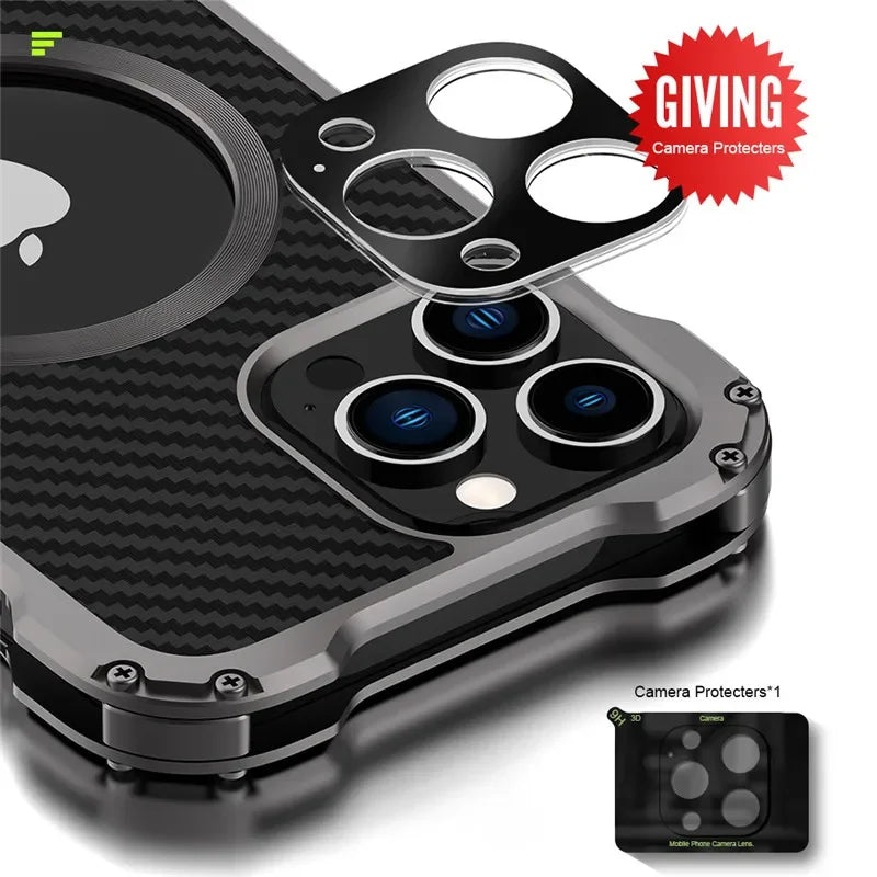 Carbon Fiber Lens Protection Phone Case for iPhone 14 Plus 12 13 Pro Max Mini Compatible with MagSafe Metal Bumpers Cover - Evallys.com