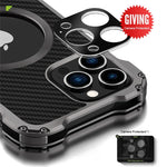 Carbon Fiber Lens Protection Phone Case for iPhone 14 Plus 12 13 Pro Max Mini Compatible with MagSafe Metal Bumpers Cover - Evallys.com