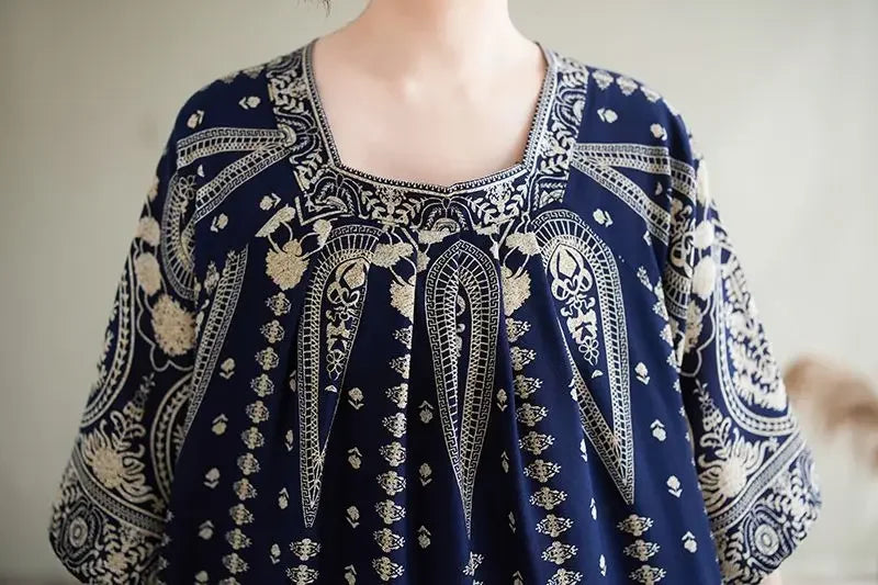 Summer Ethnic Print Dress with Pockets – Loose Mid-Calf Casual Wear - Evallys.com