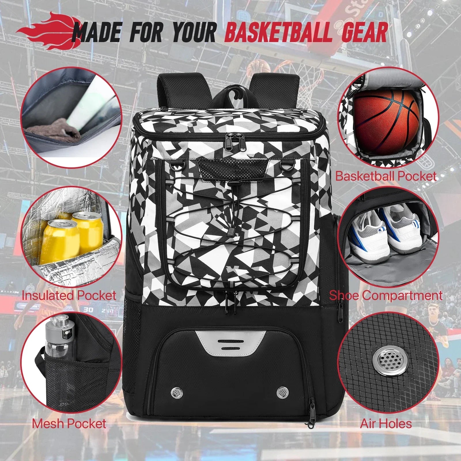 Basketball Backpack – Gym Bag with Ball Holder & Shoe Compartment 35L - Evallys.com