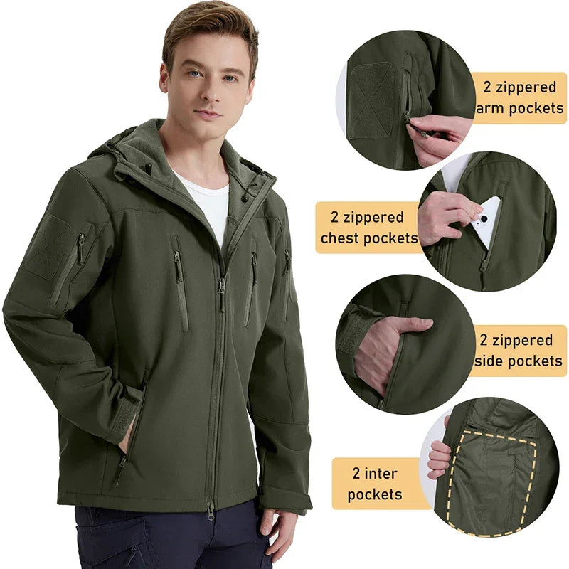 Men's Waterproof Softshell Tactical Jacket Winter Windproof Fleece Hoodie Jacket Outdoor Hiking Skiing Windbreaker Coat - Evallys.com