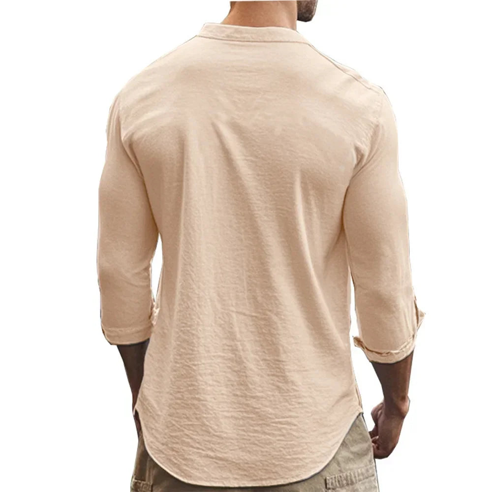 Men's Henry Shirts Cotton Linen Slim Fit Causal Hawaiian Solid Color Basic Style Spring Summer Breathable Men Clothing - Evallys.com