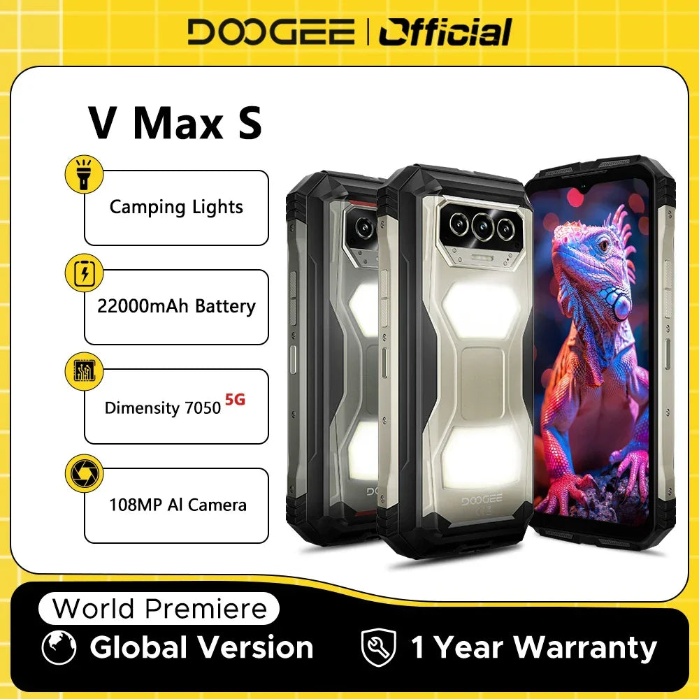 World Premiere DOOGEE V Max S 5G Rugged Phone Dual Camping Lights 22000mAh Battery 24GB(8+16) 256GB 108MP AI Camera Smartphone - Evallys.com