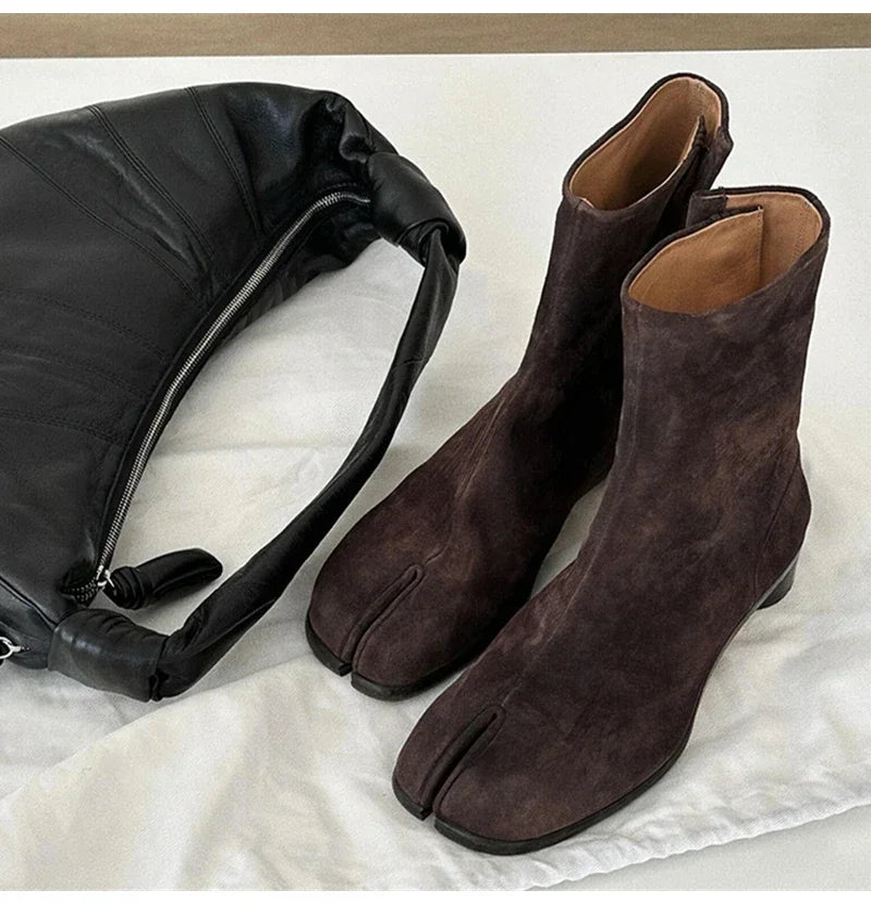 2024 Autumn Winter Soft Leather Split toe Tabi Women Ankle Boots Fashion Thick High heels Chunky Shoes Ins Style Short Booties - Evallys.com