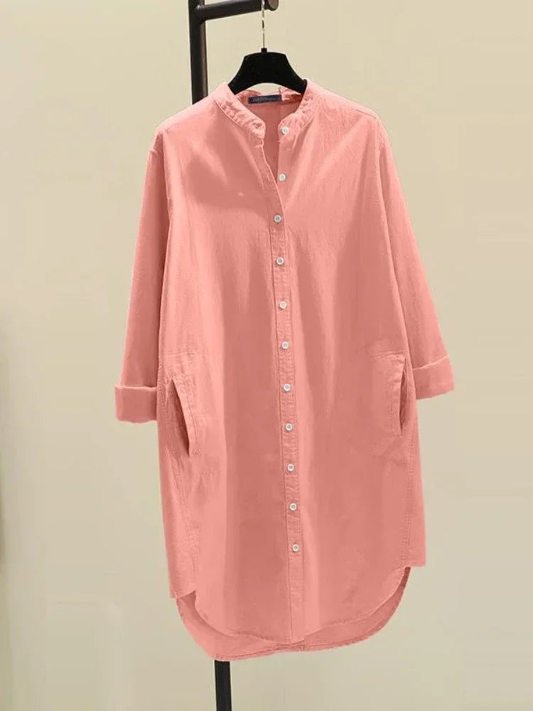 Elegant Cotton Linen Women’s Mid-Length Shirt – Casual Commuter Style - Evallys.com