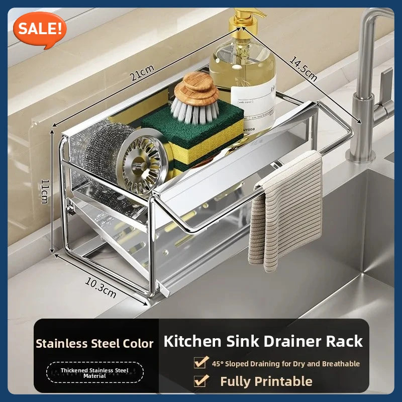 Stainless steel sponge rack sink drain rack Multifunctional countertop rag storage rack Sponge storage rack kitchen supplies
