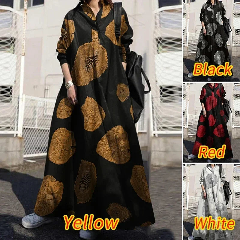 Vintage Cotton Linen Shirt Dress Women’s Autumn Long Maxi Robe - Evallys.com