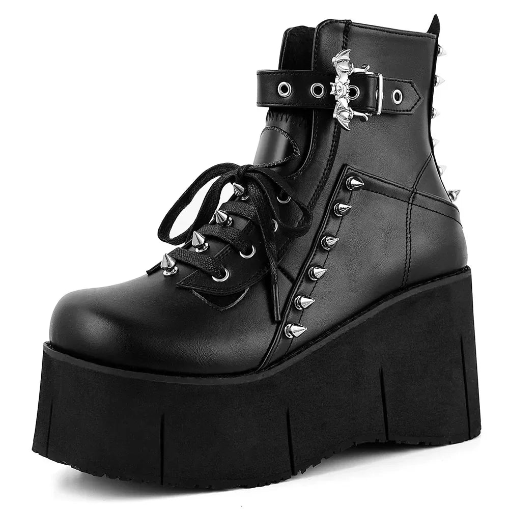 GIGIFOX Goth Punk Stylish High Platform Ankle Boots For Woman High Wedges Heel Side Zipper Round Toe Metal Rivet Punk Girl Boots - Evallys.com