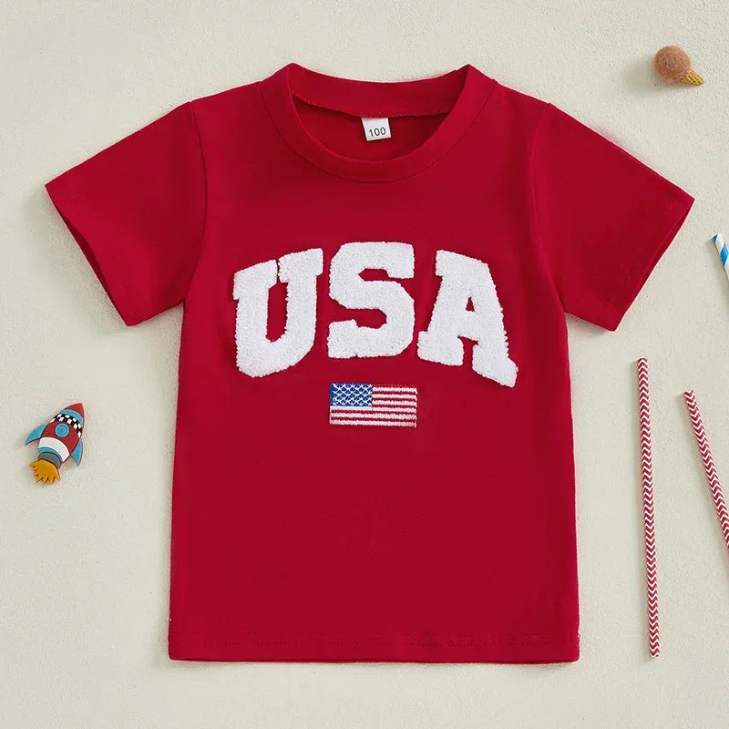 Independence Day Kids T-Shirt with USA Flag Embroidery Patriotic Short Sleeve Tee for Boys Loose Fit Summer Top - Evallys.com