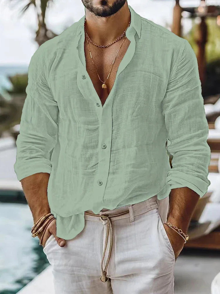 Casual Breathable Loose Cotton Linen Shirt Mens Spring Autumn Leisure Solid Color Cardigan Tops Men Vintage Button Lapel Shirts - Evallys.com