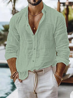 Casual Breathable Loose Cotton Linen Shirt Mens Spring Autumn Leisure Solid Color Cardigan Tops Men Vintage Button Lapel Shirts - Evallys.com