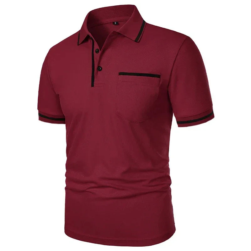 New Men's Short Sleeve Polo Shirts Solid Color Casual T-shirt Summer Trendy Breathable Loose Basic Splice Top Pockets Men Shirts - Evallys.com