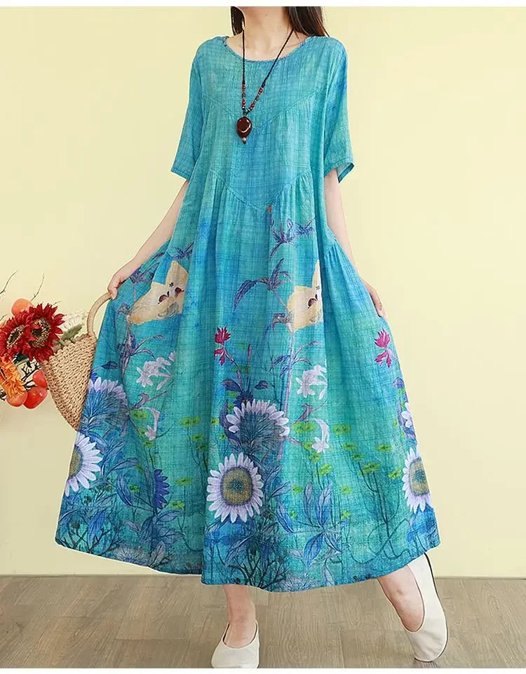 Retro Cotton Linen Dress – Summer Print Loose Long Maxi Dress - Evallys.com