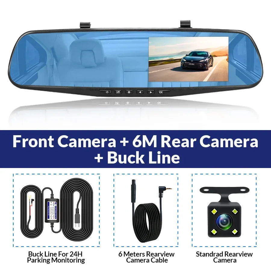 Dashcam 4.3Inch 1080P IPS Car DVR Driving Recorder Rearview Mirror Dual Lens Car Recorder Front and Rear Black Box - Evallys.com