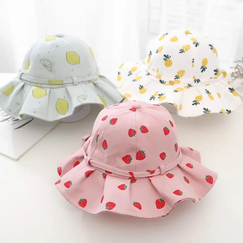 Summer Baby Girl Hat Cotton Fruit Kids Bucket Hats Sun Protection Bowknot Princess Children Cap for Girls Beach Travel 1-3Y - Evallys.com