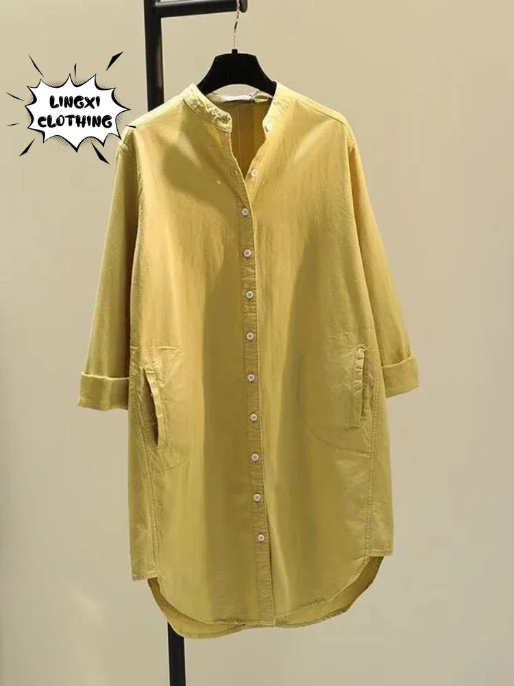Elegant Cotton Linen Women’s Mid-Length Shirt – Casual Commuter Style - Evallys.com