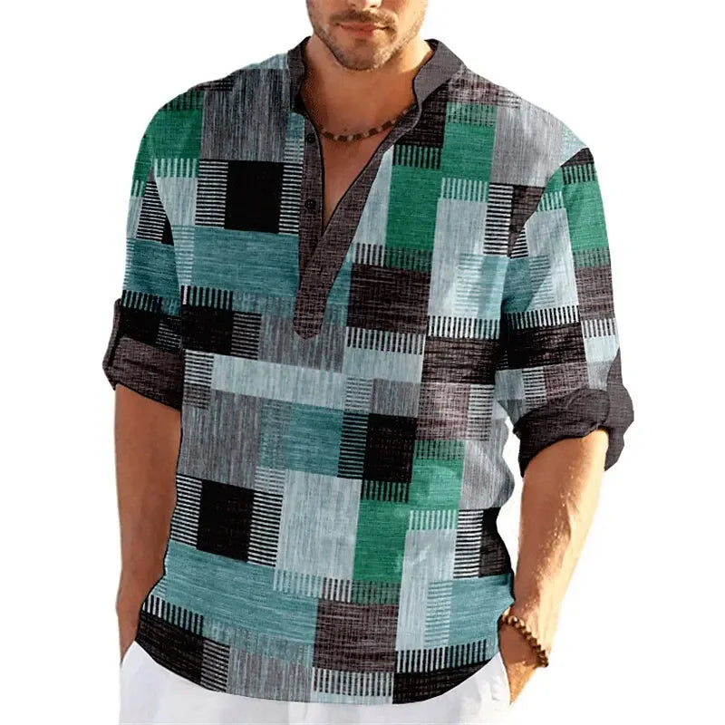 Patchwork 3D Print Color Block Henley Shirts Men's Fashion Vintage Stand Collar Long Sleeve Shirt Male Tops Blouse Man Clothing - Evallys.com