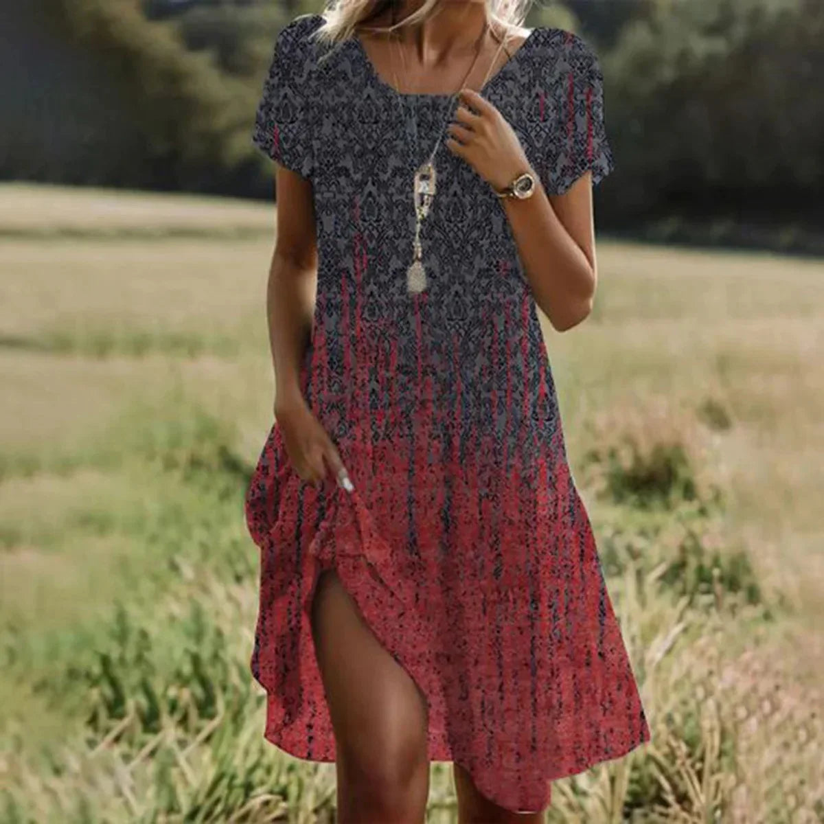 Ethnic Print O-Neck Midi Dress – Summer Casual Beach Vacation Wear - Evallys.com