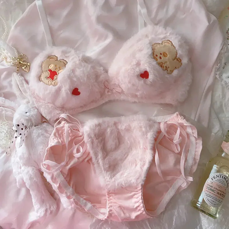 Japanese Girls Winter Soft Ropa Interior Cute Lingerie for Women Cartoon Bear Students Plush Sexy Bras Wireless Thin Bra Set - Evallys.com