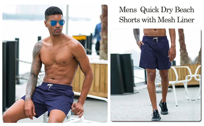 Mens Swim Trunks with Mesh Lining Side Pockets Solid Beach Shorts Quick Dry Lightweight Drawstring Board Shorts Summer Swimwear - Evallys.com