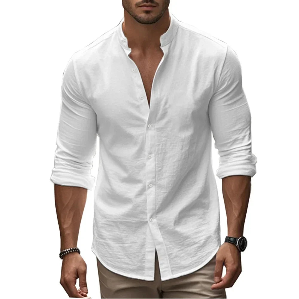 Men's Henry Shirts Cotton Linen Slim Fit Causal Hawaiian Solid Color Basic Style Spring Summer Breathable Men Clothing - Evallys.com