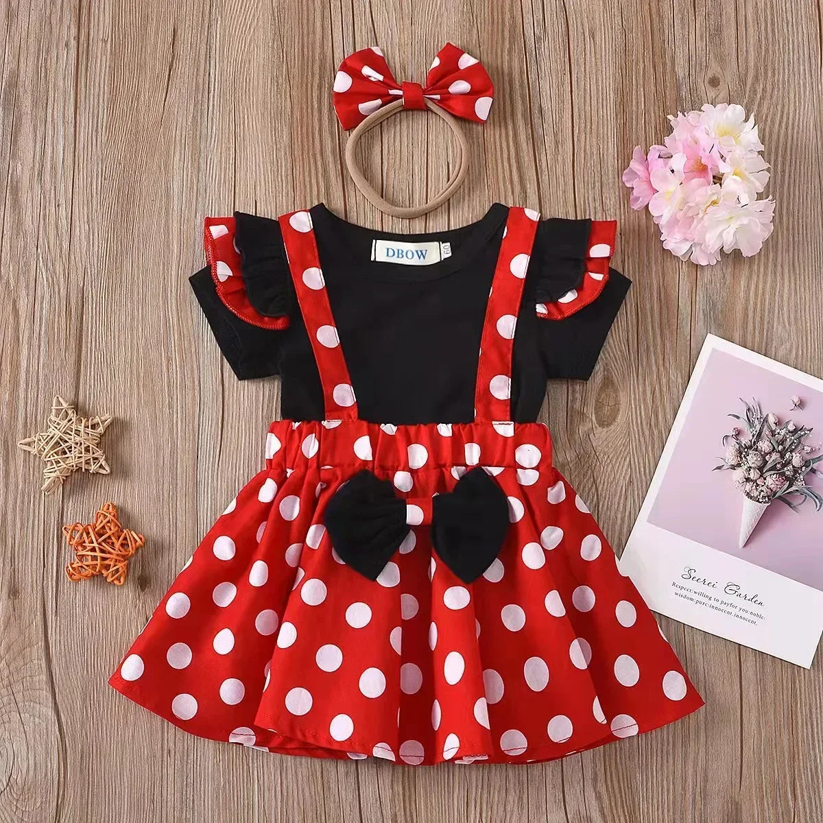 Minnie Mouse Girl Suit Children's Dress Baby Clothes Set Summer Birthday Costume Polka Dot Sundress Bow Headband Skirt Set - Evallys.com