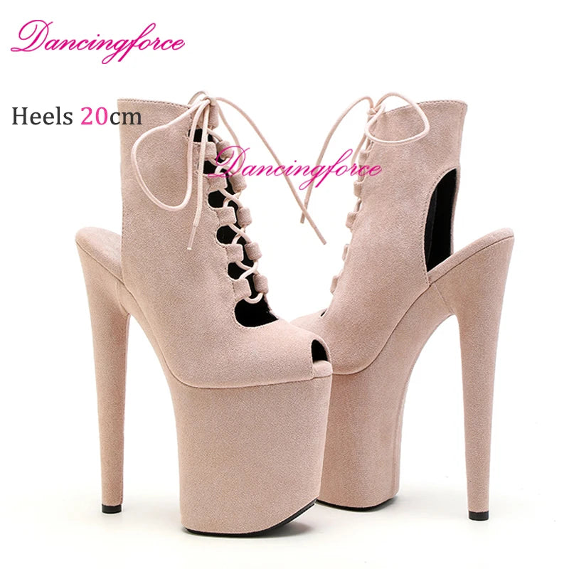 20cm/8Inches Sexy Pole Dance Shoes Women Catwalk Nightclub Strip Gladiator Sandals Lace-up Lady Suede Matte Short Booties