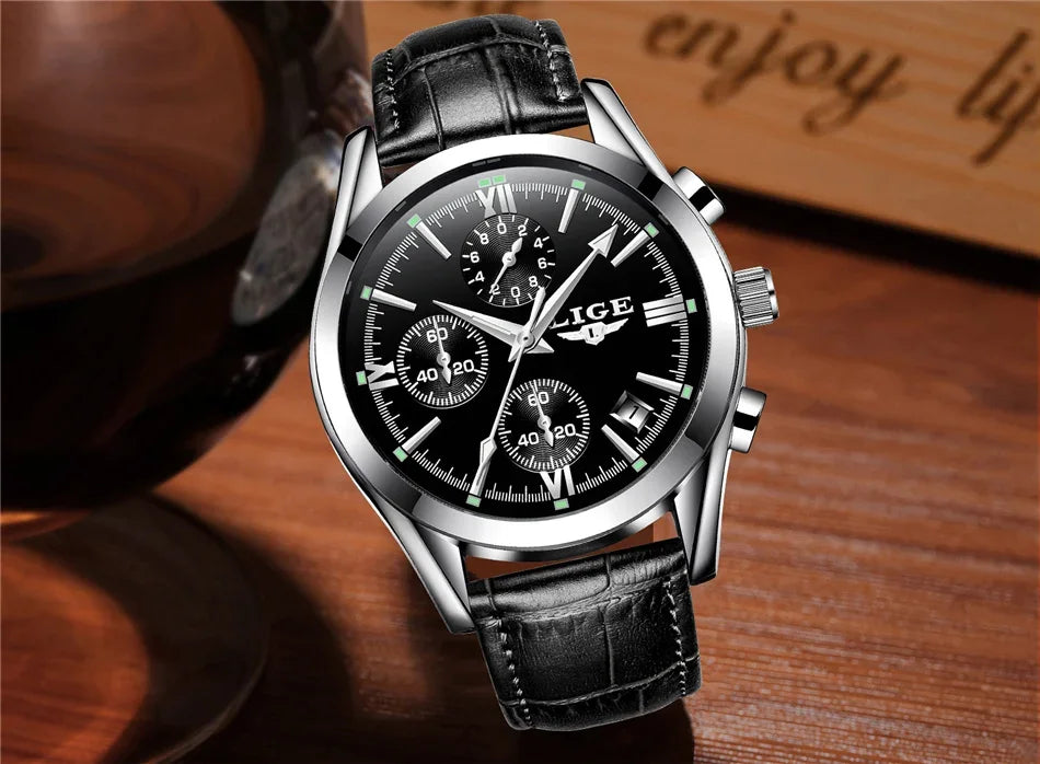 LIGE Men Watch Top Brand Luxury Waterproof Luminous Sport Wristwatch Quartz Military Genuine Leather Relogios Masculino+Box - Evallys.com
