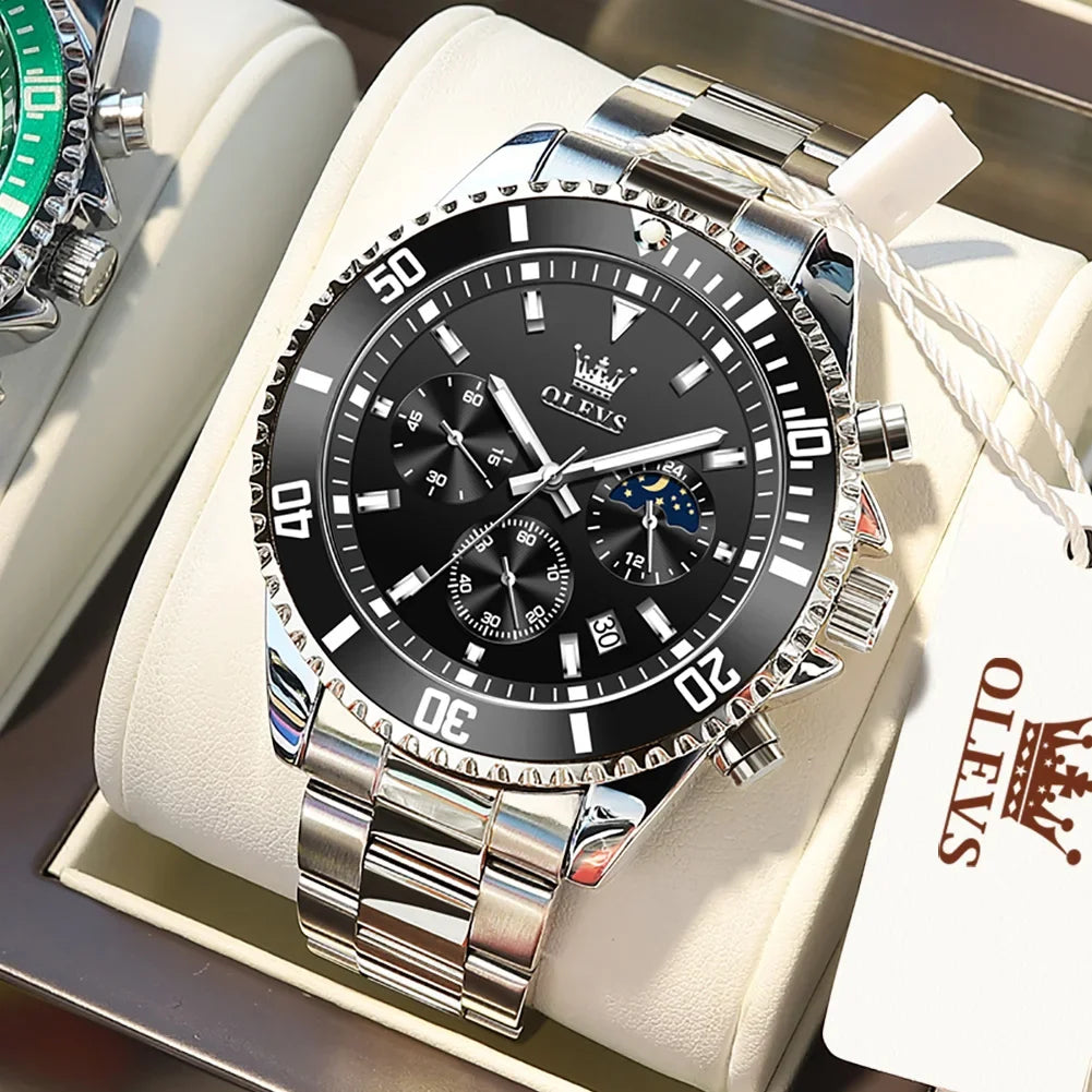 OLEVS Men's Watches Top Brand Luxury Watch for Men Original Waterproof Stainless Steel Chronograph Moon Phase Date Rota Dial - Evallys.com