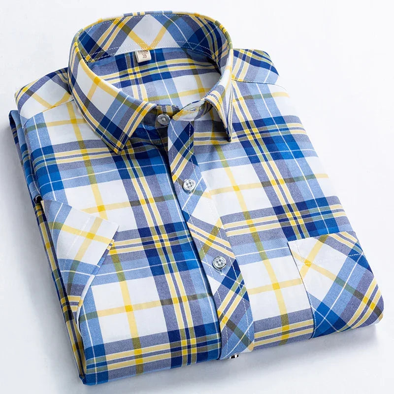 High Quality Men's Plaid Short Sleeve Shirts Business Casual Striped Turn-Down Collar Summer Man Shirt - Evallys.com