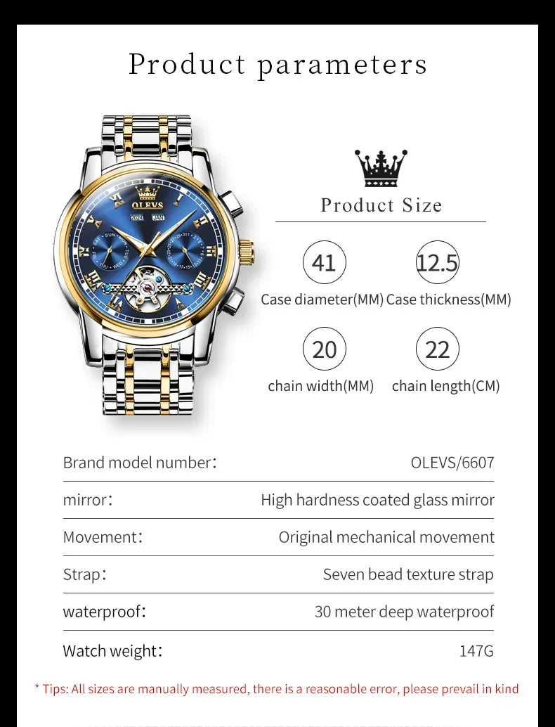 OLEVS Men's Watches Automatic Mechanical Business Wristwatch Waterproof Stainless Steel Strap Watch for Man Skeleton Calendar - Evallys.com