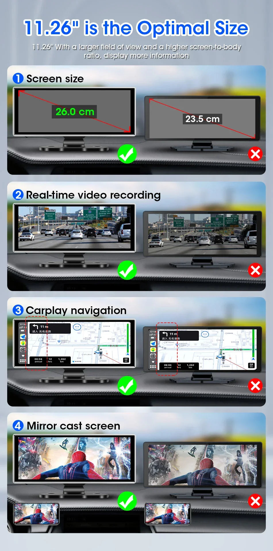 11.26 inch Car DVR 4K Dash Cam Dual Lens Wireless Carplay & Android Auto Video Recorder Monitor GPS Navigation 5G Wifi FM AUX - Evallys.com