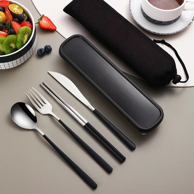Portable Cutlery Set for Camping & Travel 4pcs Stainless Steel Knife, Fork, Spoon Kit with Storage Box