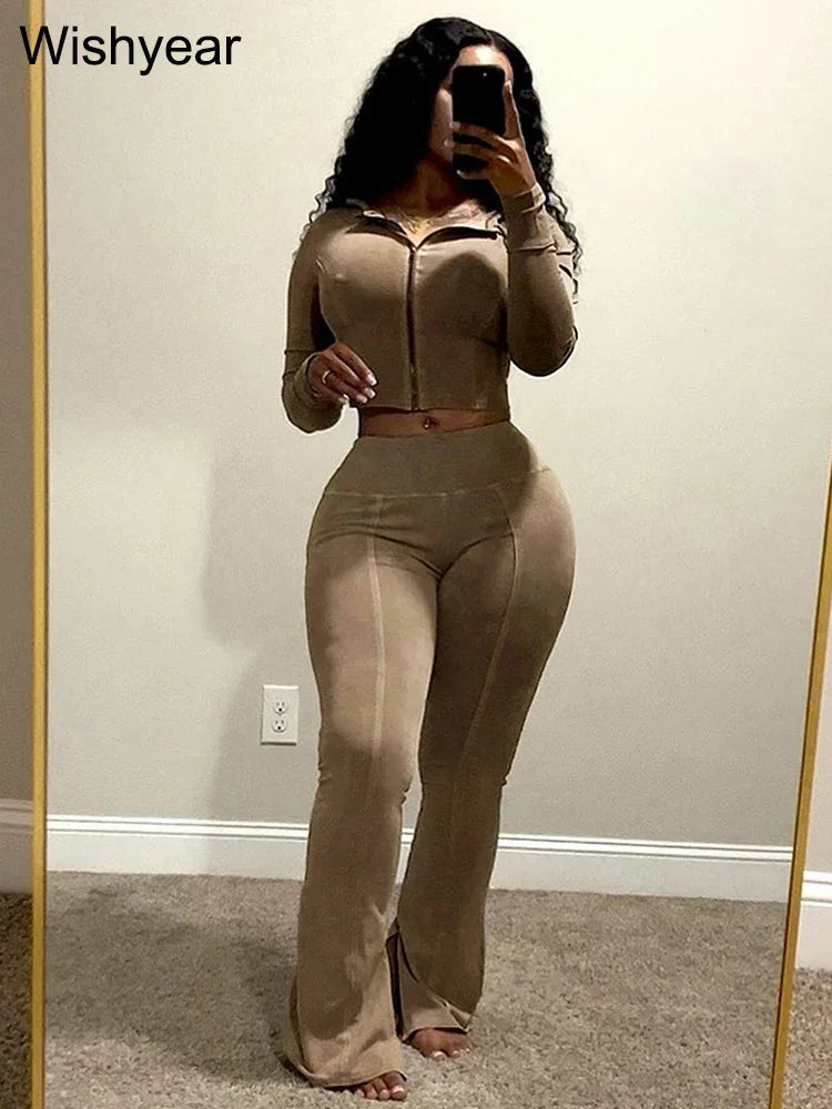 Sportswear Wash Retro Two 2 Piece Pants Set Sales Fall Winter Women Hoodies Jacket and Flared Trousers Suit Athletic Pink Outfit - Evallys.com